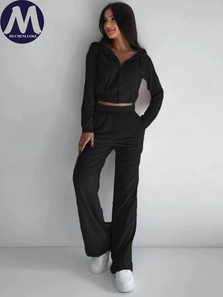 

2 Pieces Set for Woman Spring Autumn New Elegant Hooded Long Sleeve Short Top Suits Fashionable Casual Loose Wide Leg Pants Sets