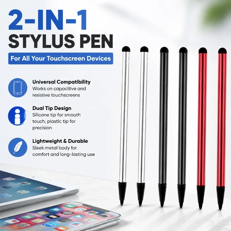 2-in-1 Stylus Pen for Capacitive & Resistive Touchscreens, Metal Body 0.7cm Tip Silicone for Phones  Tablets  Practical