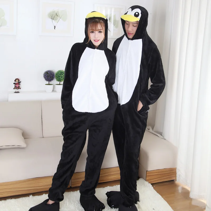 Winter Women Men Unisex Adults Penguin Cartoon Onesies Frog Bear Animal Cosplay Pajamas Set Flannel Sleepwear Halloween Costumes