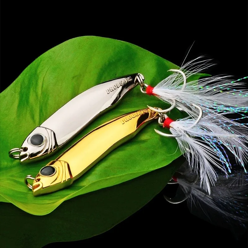 BILLINGS 10g 5.5cm Electroplated Iron Plate Bait Sinking Sea Fishing Lure Feather Hook Fake Bait Rotating Sequin Mackerel Bait