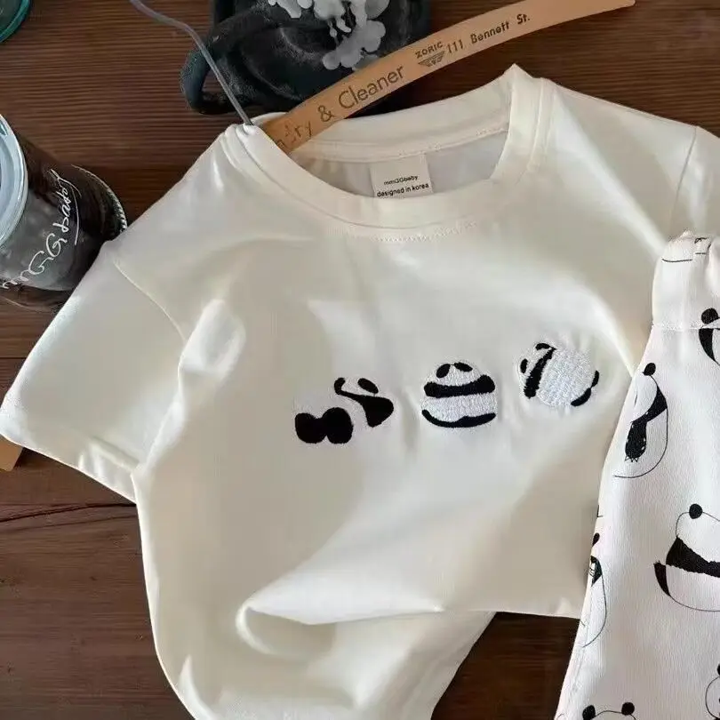 Children's Sets Boys Girls  Summer Set of Panda Short-sleeved T-shirt + Casual Full-print Shorts 2-piece Set Loungewear Outfit