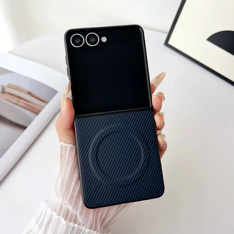 Business Skin-Feel Fold Carbon Fiber Leather Magnetic Case for Samsung Z Flip 8/7/6/5/4/3 for MagSafe Shockproof Camera Cover