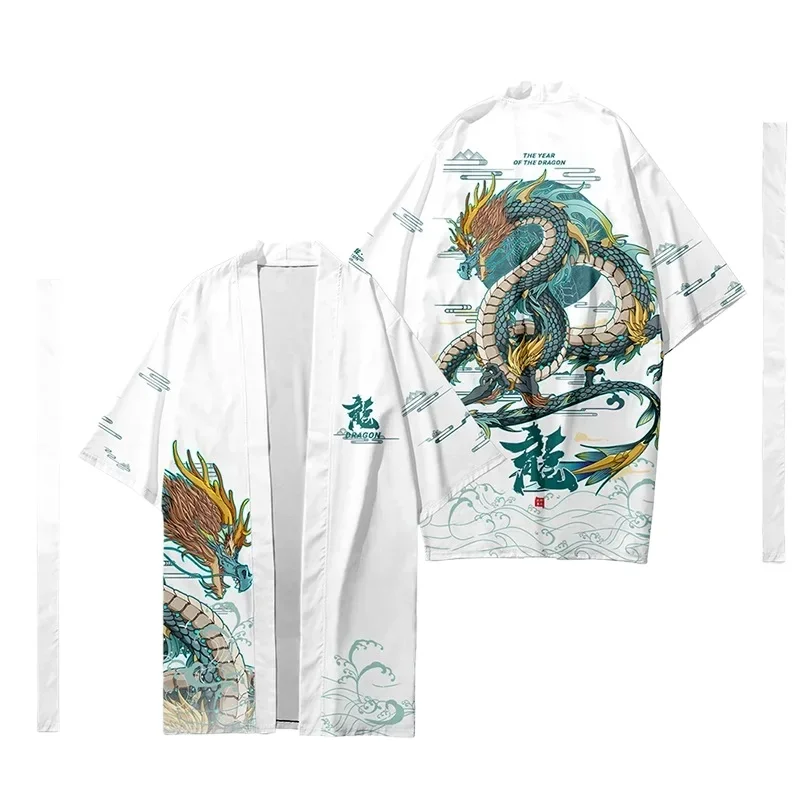 

Men Japanese Long Kimono Chinese Dragon Print Cardigan Stylish Kimono Women Samurai Kimono Fashion Shirt Yukata Jacket Chic