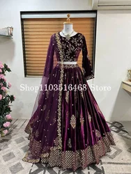 Grape Purple Indian Wedding Dress with Veil Coverlet Gilt Lace Appliqué Inlaid Sequins Long Sleeve Two Piece Wedding Dress