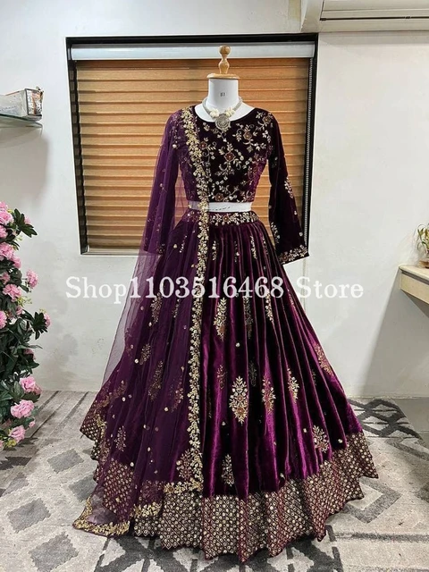 Grape Purple Indian Lace Applique Inlaid Sequins Long Sleeve Wedding Dress
