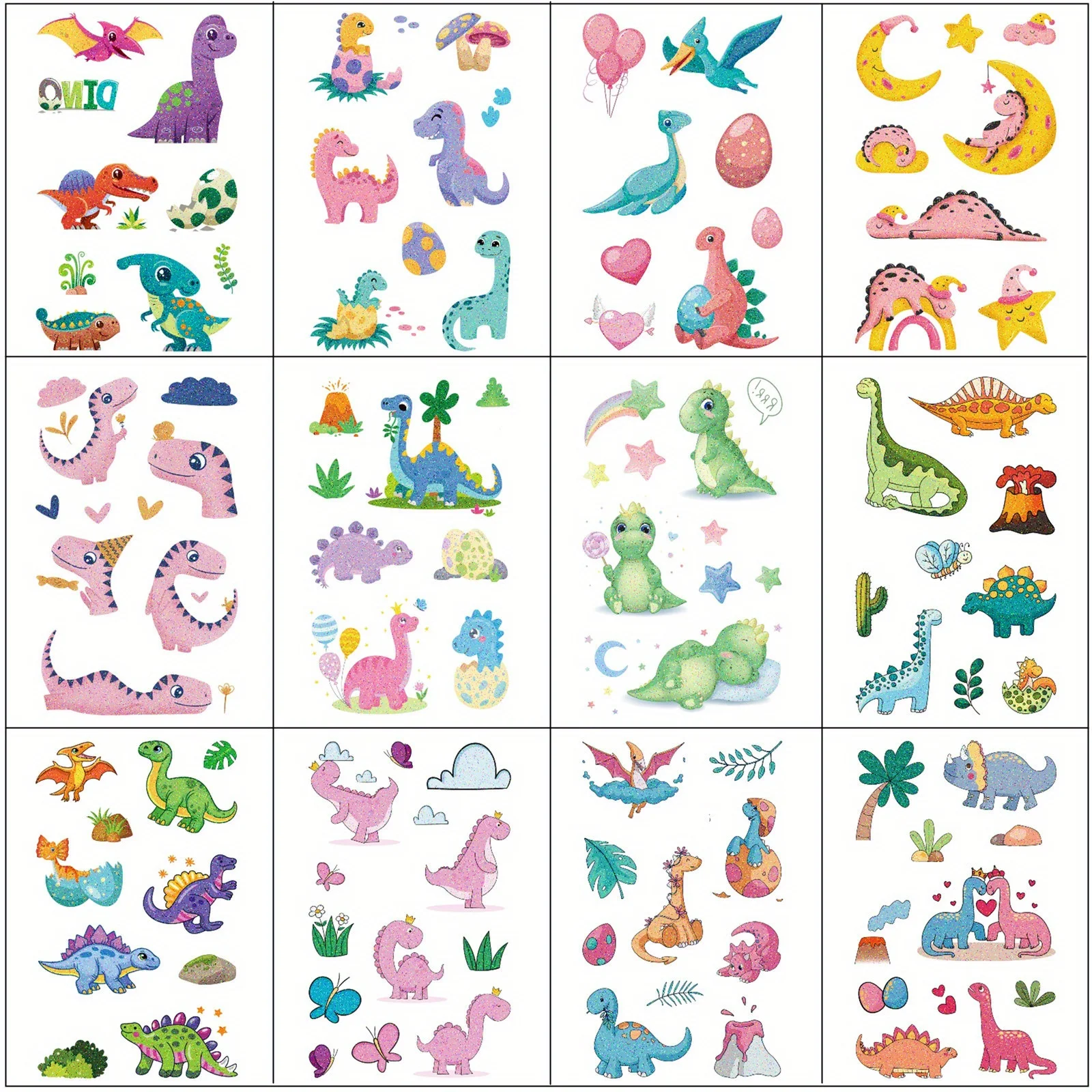 12 قطعة من ملصقات الوشم المؤقت على شكل ديناصور متلألئ، تصميم لطيف مقاوم للماء التيروصور تيرانوصور ريكس ترايسيراتوبس