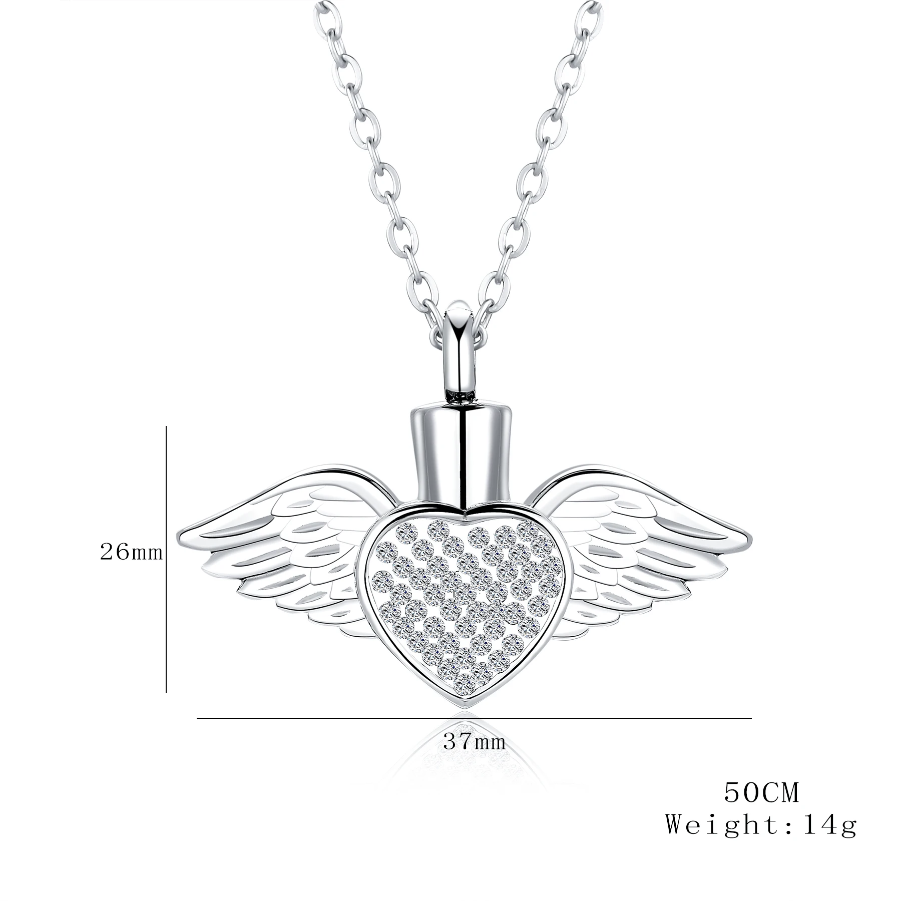 Stainless Steel Rhinestone Heart&Angel Wing Memorial Urn Necklace Pendant Women Keepsake jewelry for ashes cremation