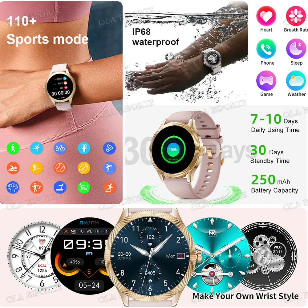 جير ساعة ذكية للنساء BT دعوة النساء الصحة مصباح يدوي الرجال Smartwatch 10ATM مقاوم للماء لتحديد المواقع تتبع مراقبة النوم ساعة رياضية