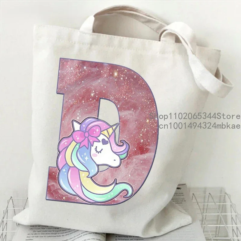 Cute Unicorn Dreams Alphabet Graphic Canvas Shopping Bag Women Cartoon Cute Unicorn Alphabet Canvas Shoulder Bag Women Tote Bags