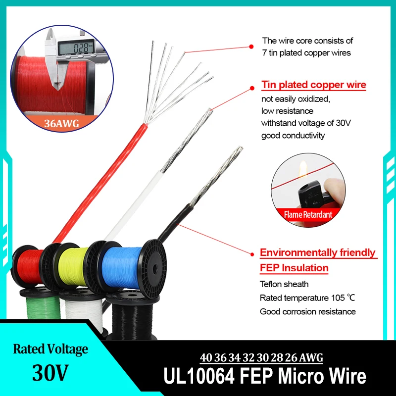 

10/50/100/200M UL10064 FEP Micro Wire 40 36 34 32 30 28 26AWG Good Conductivity Ultra Fine DIY Soldering Tinned Copper Cable