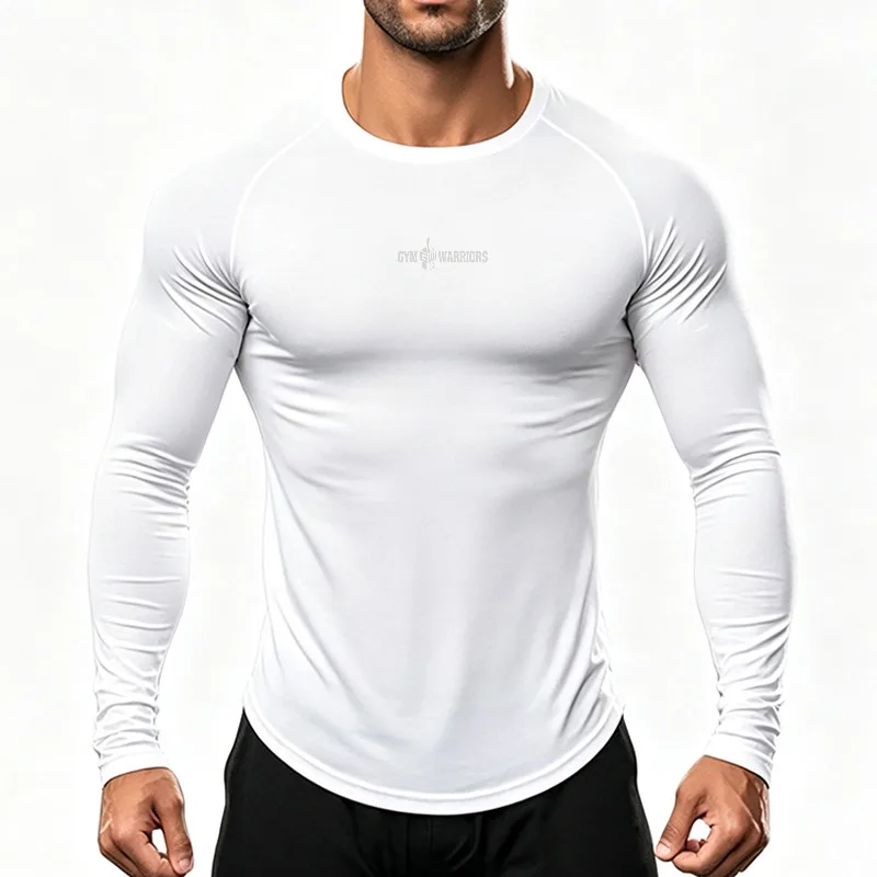 New Mens Cotton Long Sleeve Running T-Shirts Muscle Graphic Tee Gym Training Top Breathable Crew Neck Slim Fit High Sportswear