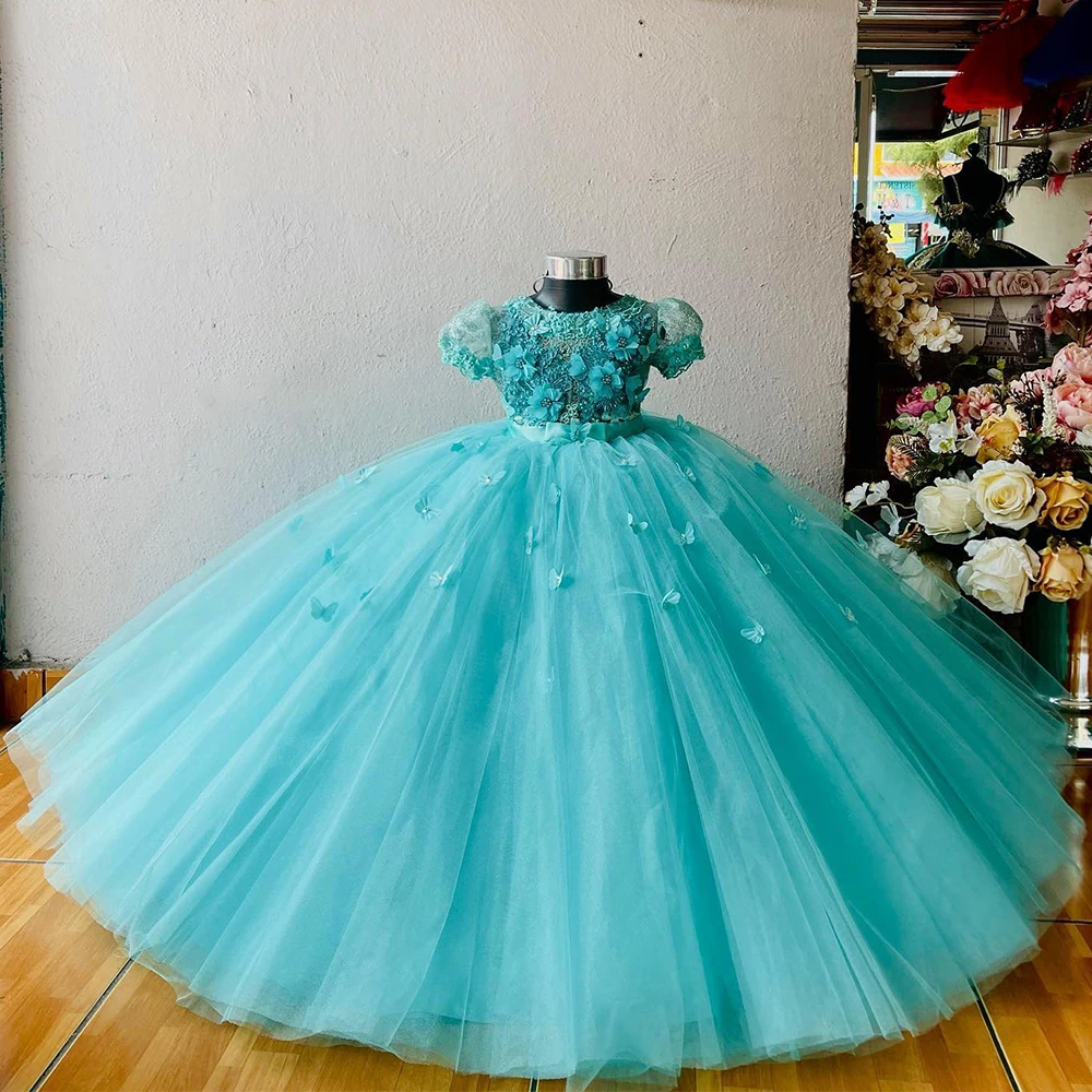 Peacock Blue Flower Girl Dresses for Weddings Ball Gown  Girls Short Puff Sleeves 3D Flowers Applique Children Birthday Dress