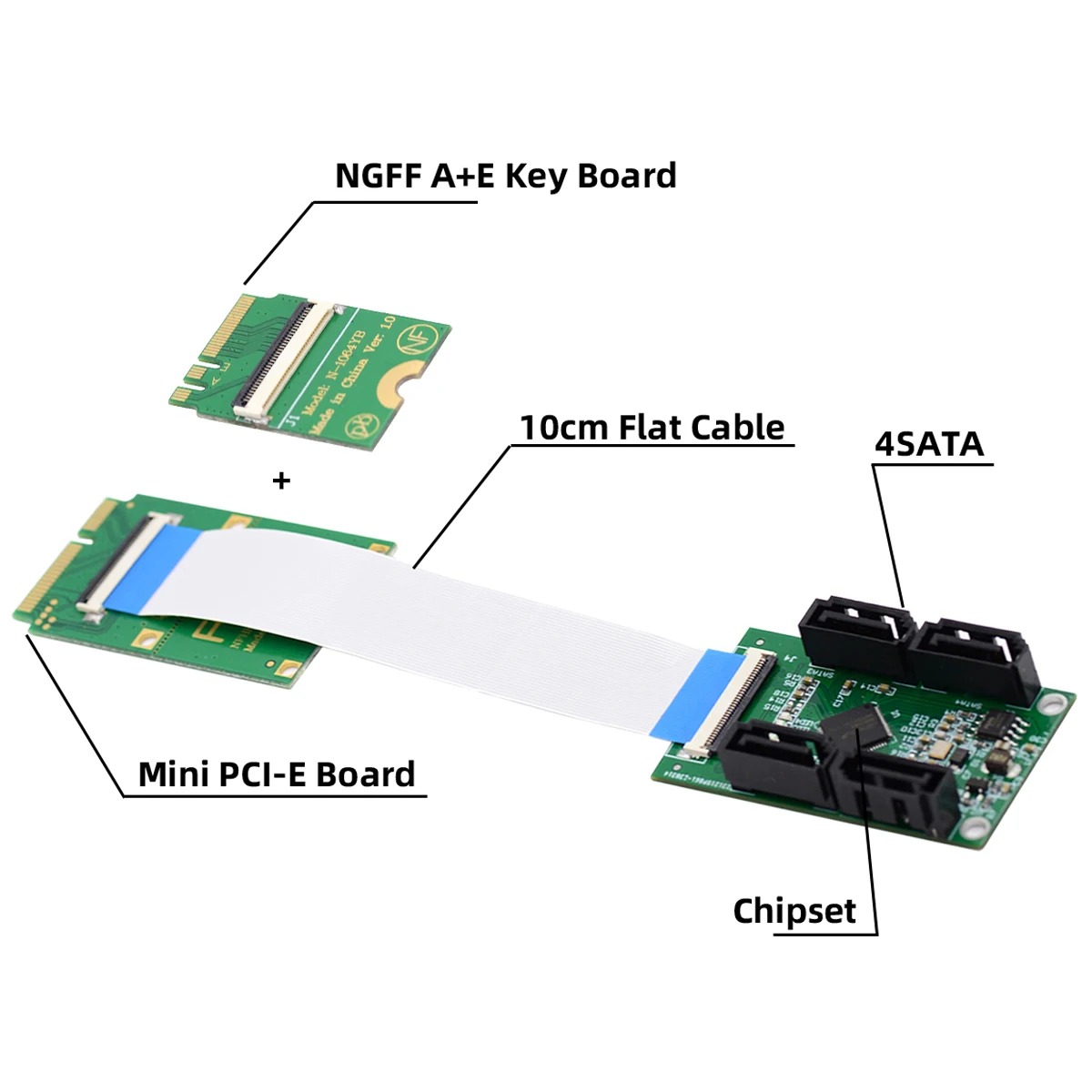 Cablecc NGFF A+E Key & Mini PCI-E PCI Express to SATA 3.0 Four Ports Adapter Cable Hard Drive Extension Card for SSD