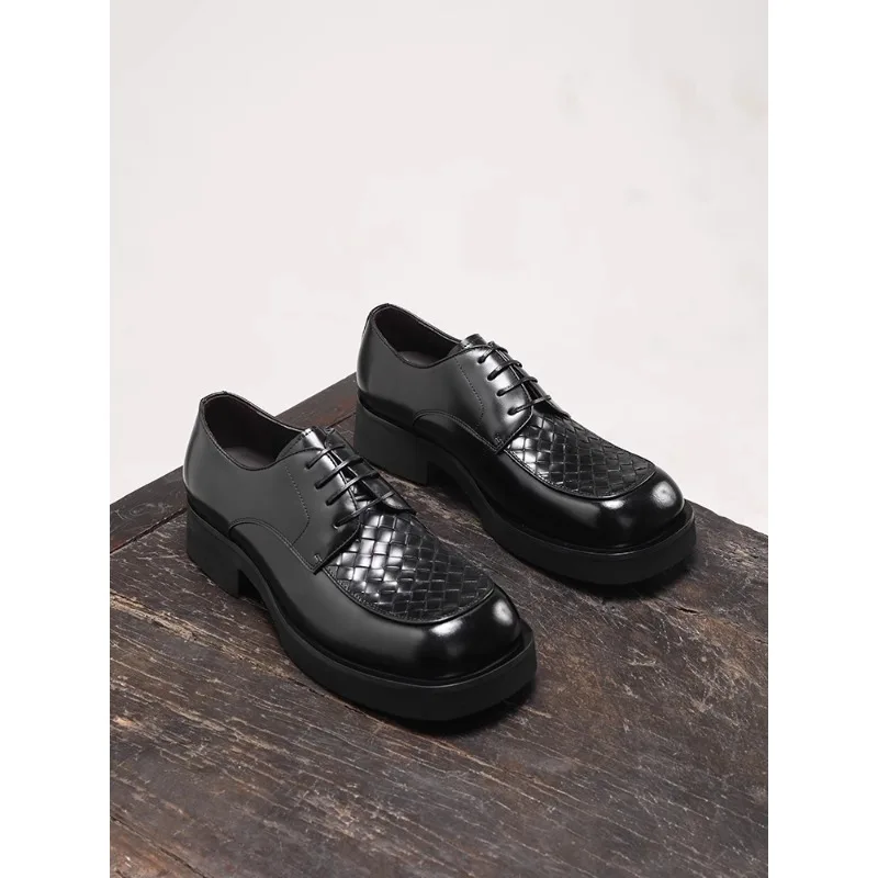 

Men Derby Shoes Fashion Knitted Square Toe Casual Leather Shoes Thick Sole Height Shoes for Men