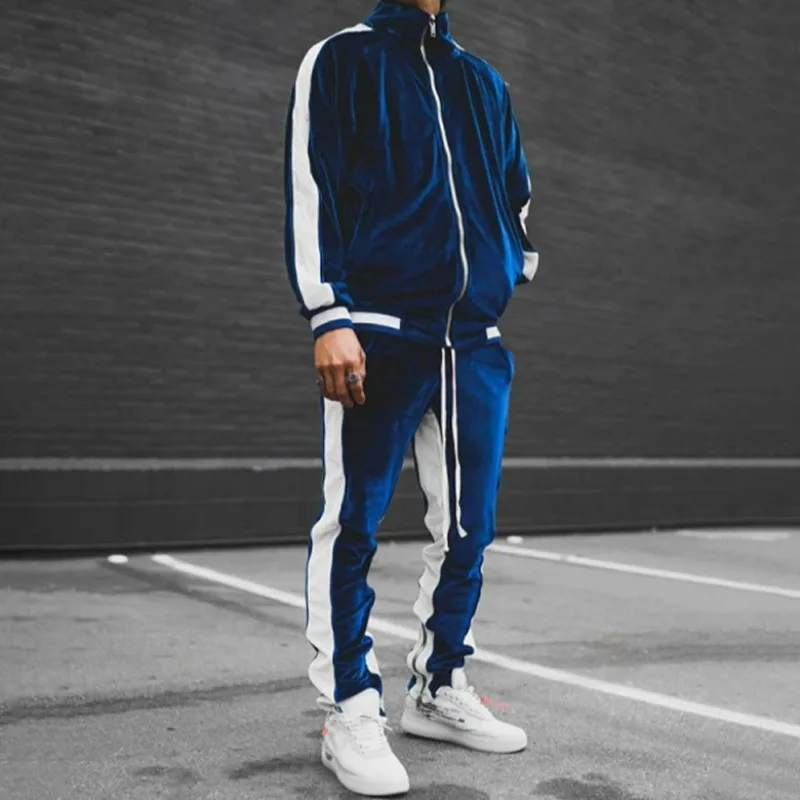 KIDWHXR Man 2-piece Tracksuit Autumn Contrast Color Stand Collar Coat Men Loose Sweatpant Male Sport Casual Velvet Outfit