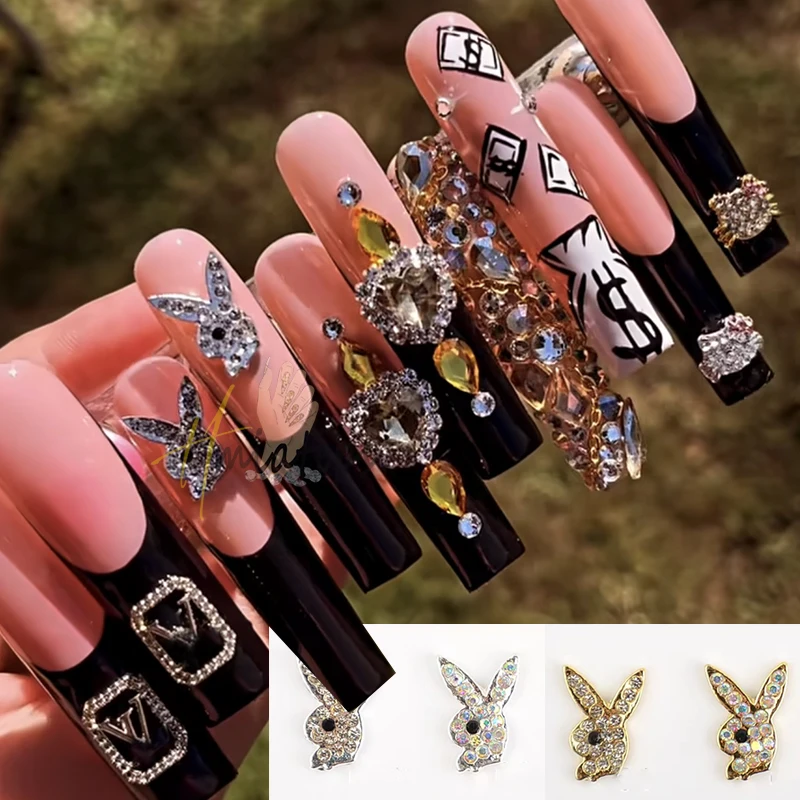 3D Bunny Hoofden Nail Decorations Charms Luxe Alloy Gold Bunny Kawaii Resine Dieren Nail Sieraden Strass Crystal Manicure