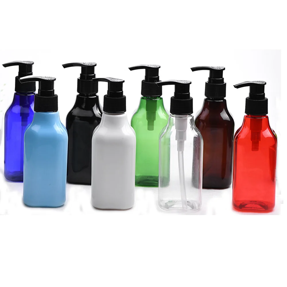 200ml 8 color available square long neck shape Refillable Squeeze PET Portable plastic lotion bottle with black color pump