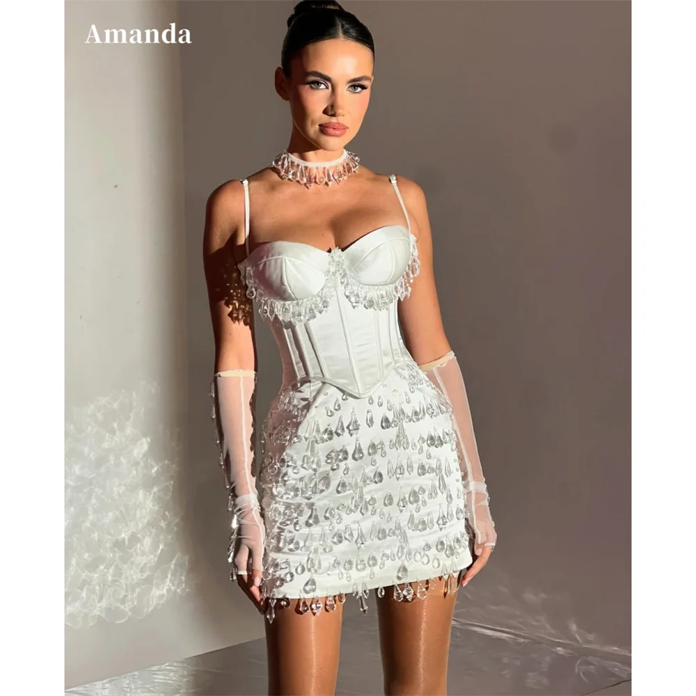 

Amanda Customized White Spaghetti Strap Crystal Prom Dresses Corset Sleeveless vestidos de noche Sheath Mini Formal Evening 2025