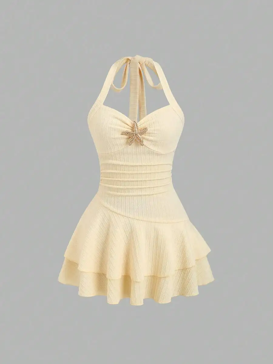 

Women's Cream Textured Halter Mini Dress with Ruched Bust, Starfish Embellishment & Double Ruffle Hem