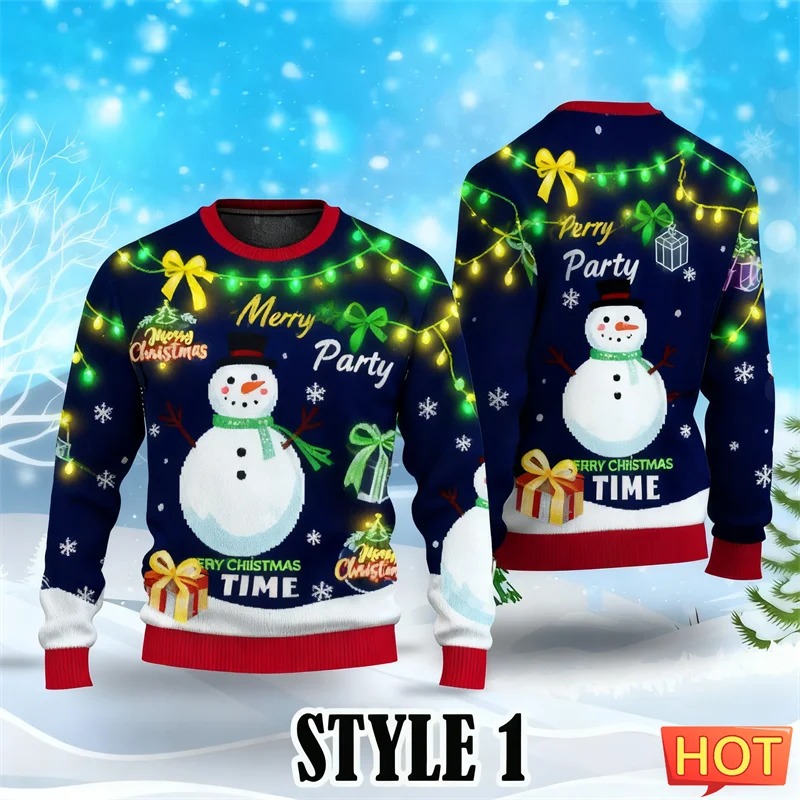 

2026 New Neon Light Graphic Ugly Christmas Sweater Fashion Santa Reindeer 3D Printed Xmas Sweatshirts Loose Breathable Pullovers
