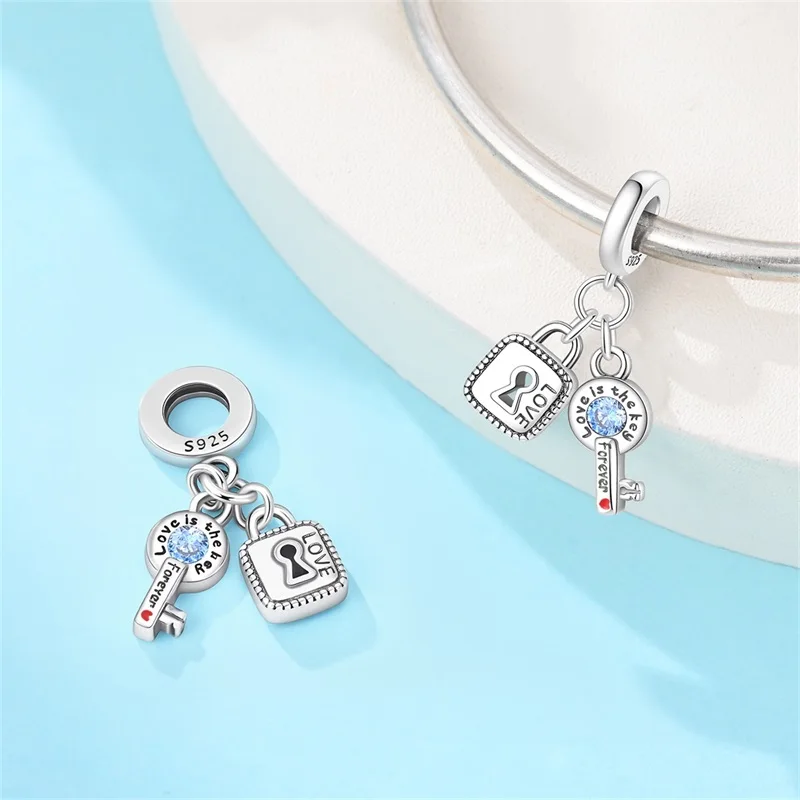 

925 Sterling Silver Gemstone Key Lock Charms Beads Sparkling CZ Zircon Dangle Fit Original Bracelet DIY For Women Jewelry Gifts