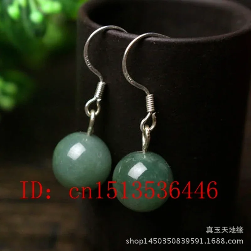 925 Silver Natural Jade Emerald Swing Earrings 10mm Bead Charm Jewellery Fashion Accessories Hand-Carved Man Woman Amulet Gifts