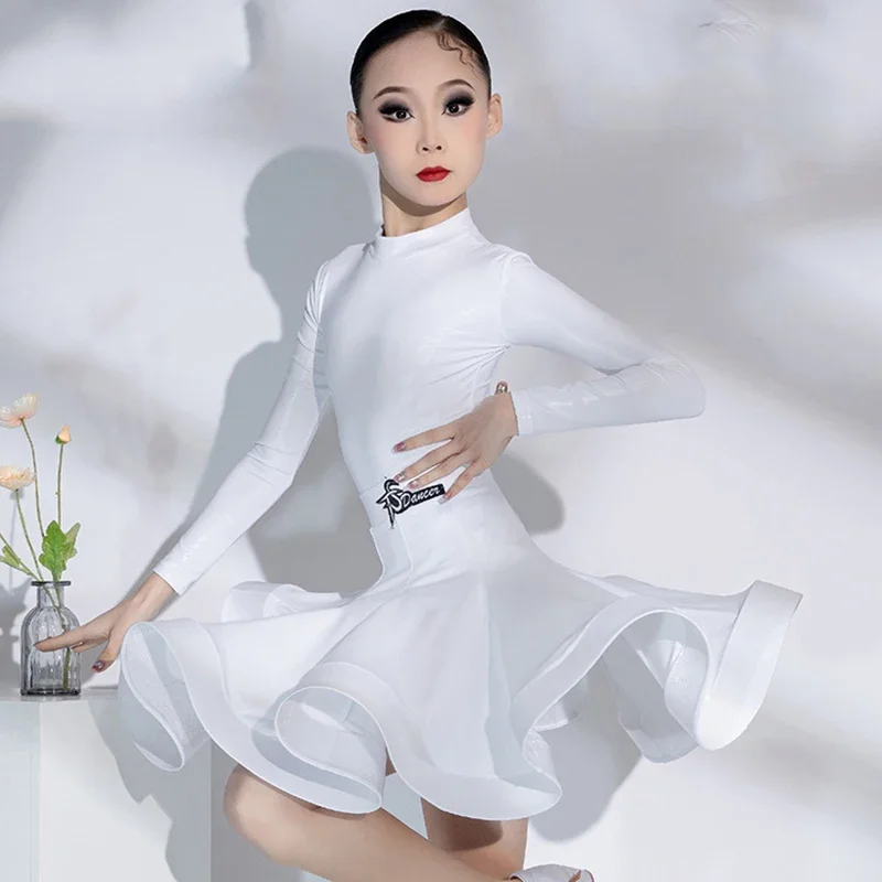 Vestito con gonna a maniche lunghe per ragazze Chacha Rumba Tango Dress Abbigliamento latino per bambini Costumi per spettacoli di danza latina