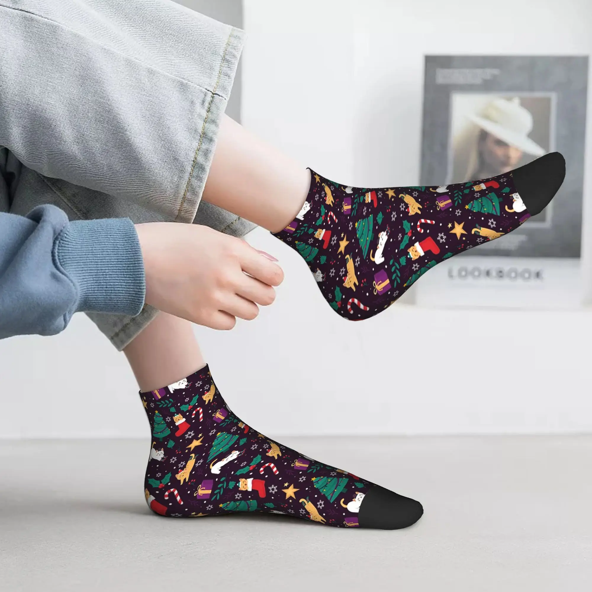 لطيف القطط شجرة عيد الميلاد نمط الجوارب Harajuku جوارب فائقة النعومة جميع المواسم الجوارب اكسسوارات للرجل امرأة هدية عيد ميلاد