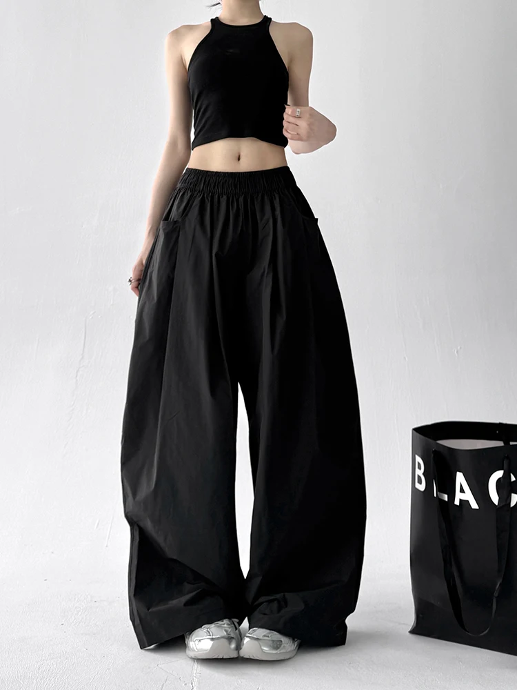 กางเกงขายาวทรงหลวมเอวสูงผ้าบางแห้งเร็วสำหรับผู้หญิง ฤดูร้อน 2025 สไตล์ลำลอง ผ้าผสมคอตตอนใส่สบาย