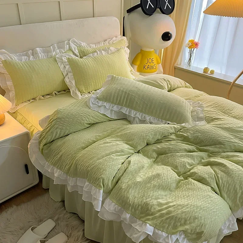 4Pc Korean Double-Layer Lace Bubble Cotton Bedding Set Skin-Friendly Bedsheet Set for Home Washable Solid Color Bed Linens