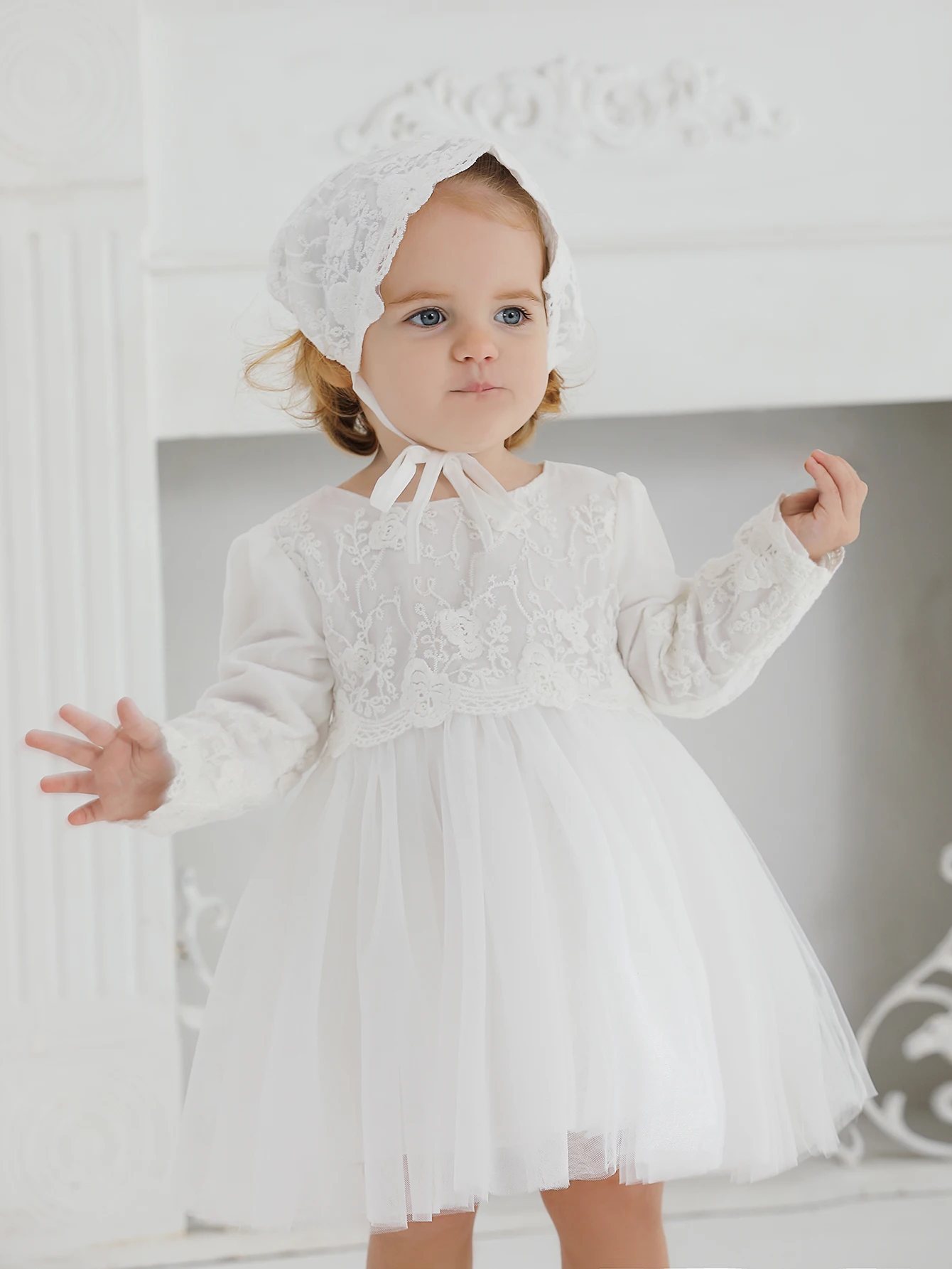 White Christening Dress for Newborn Babies With Long Sleeved 3 Months Baby Dress Little Girls Lace Baptism Ball Dress+Hat