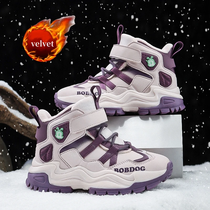 

Fashion Pink Fur Snow Boots Girls Winter Sneakers Outdoor Warm Velvet Children's Cotton Shoes High Top Kids Casual Sports Shoes