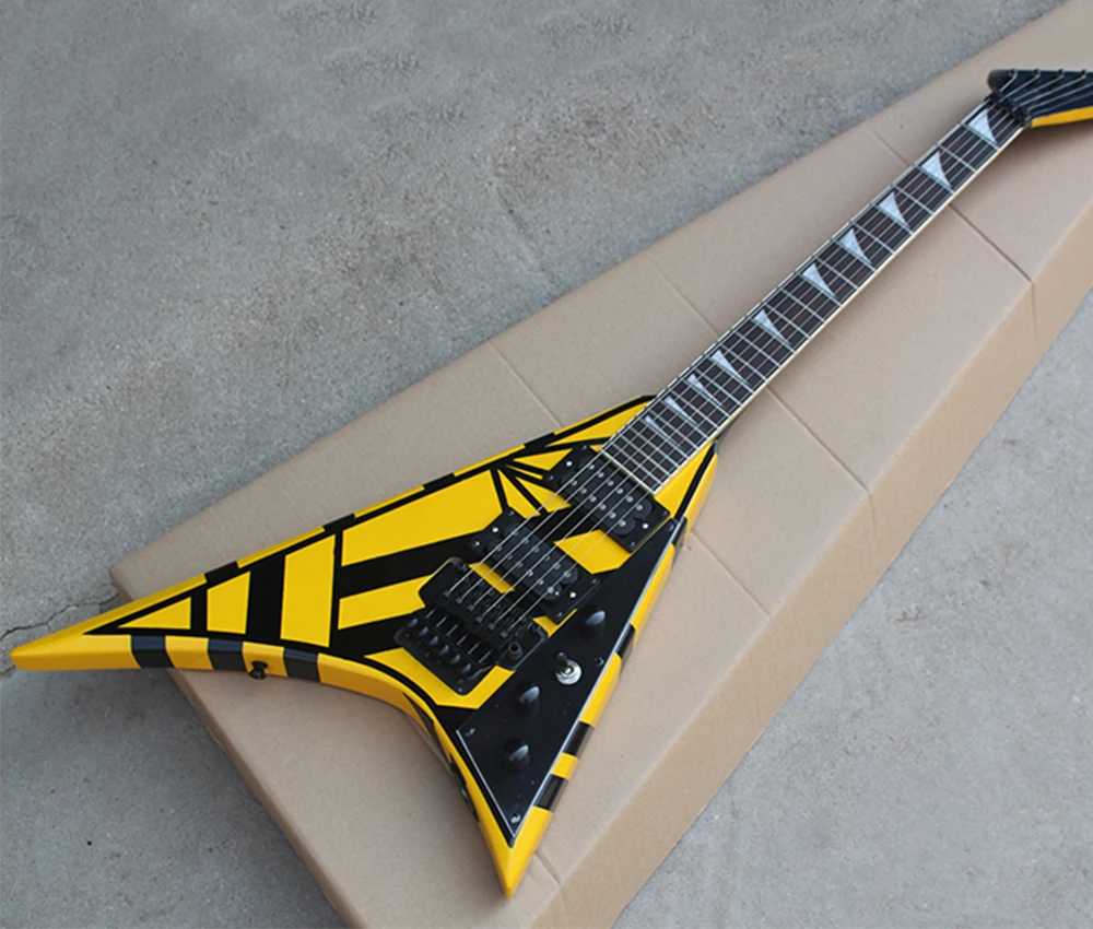 

6 String Yellow V Electric Guitar with Tremolo Bar,Humbuckers Pickups,Rosewood Fretboard,Can be Customized