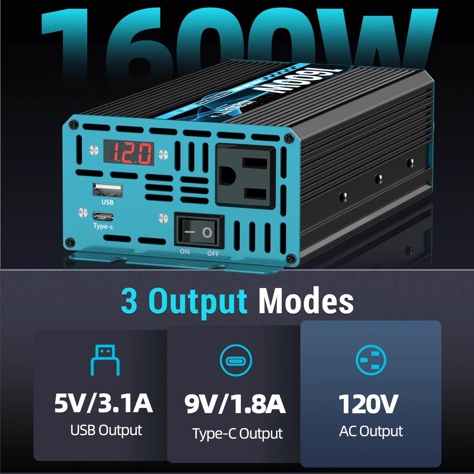 1600 واط الذروة عاكس الطاقة موجة جيبية نقية 600 واط المستمر تيار مستمر 12 فولت إلى التيار المتناوب 120 فولت مع USB نوع-C شاشة LED للمركبات RV الشمسية