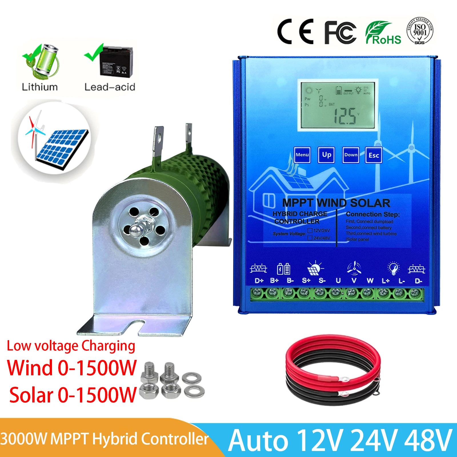 Hybrid System MPPT Charging Controller Solar Controller 800W Wind 1000W 12V 24V Automatic Regulator Household Wind Generator