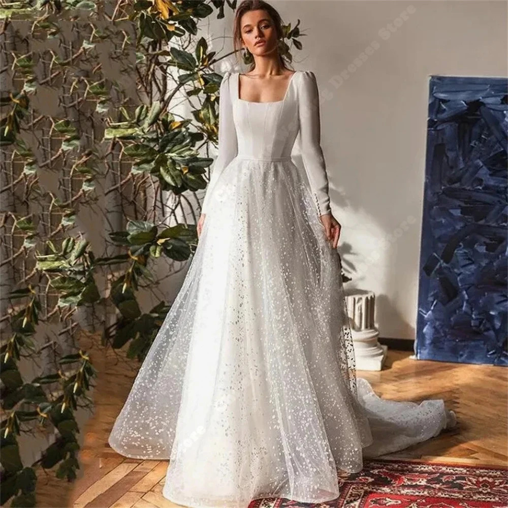 

Simple Square Neck Women Wedding Dresses Sexy Bridal Wedding Gowns Newest Creative Sleeveless Mopping Length Vestidos De Noches