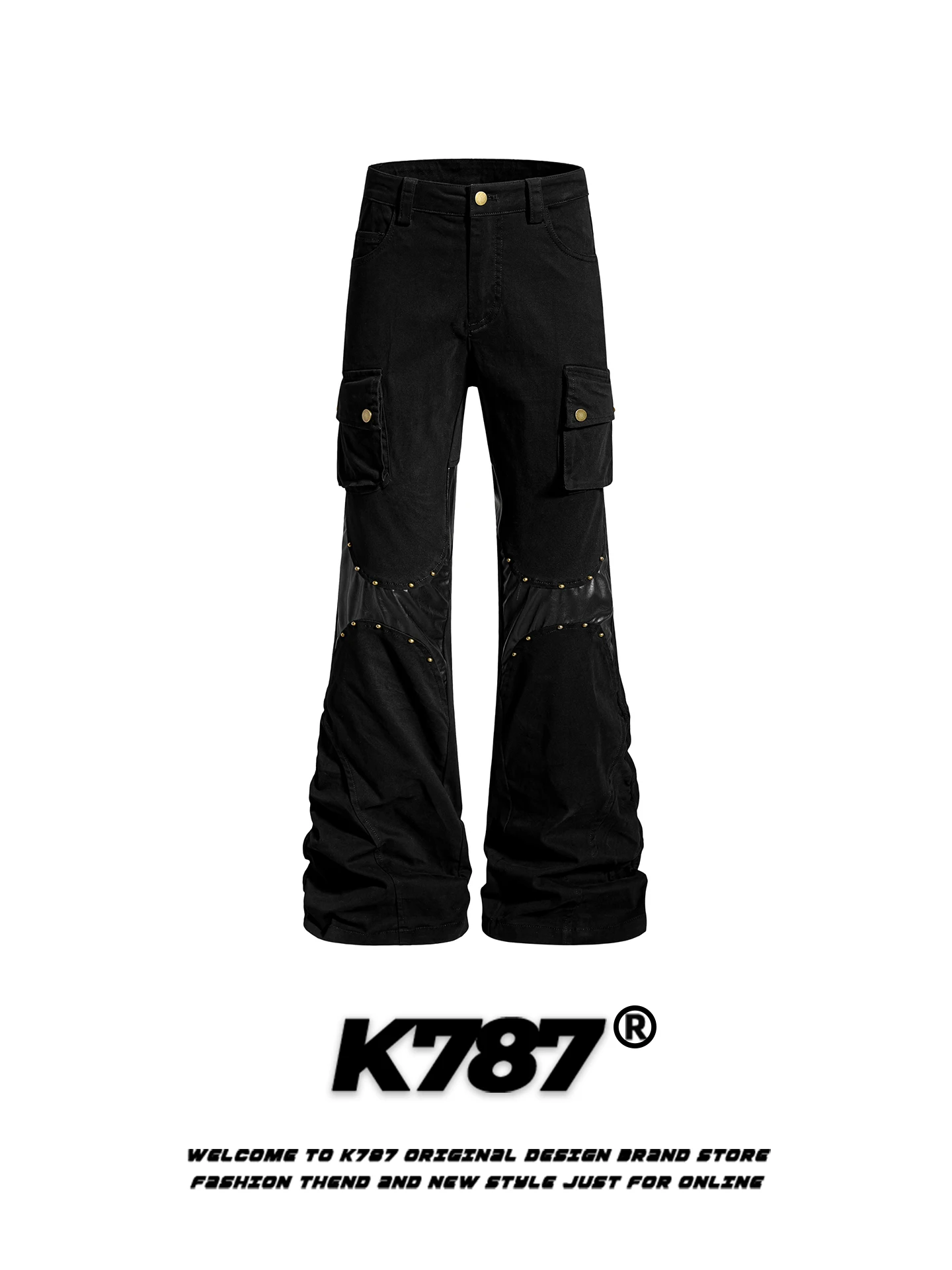 

K787 American Retro PU Leather Patchwork Multi-ket Work Pants Loose Casual Trousers for Men High Street Vibe Flared Long T...