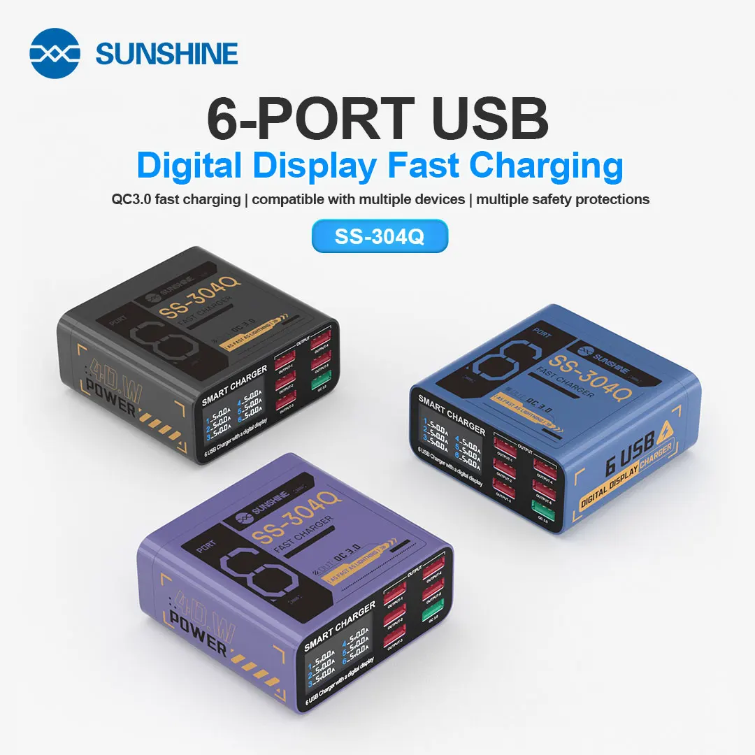 

SUNSHINE SS-304Q 6-port USB Digital Display Fast Charging QC3.0 fast Charging Compatible with Multiple Devices For Phone Repair