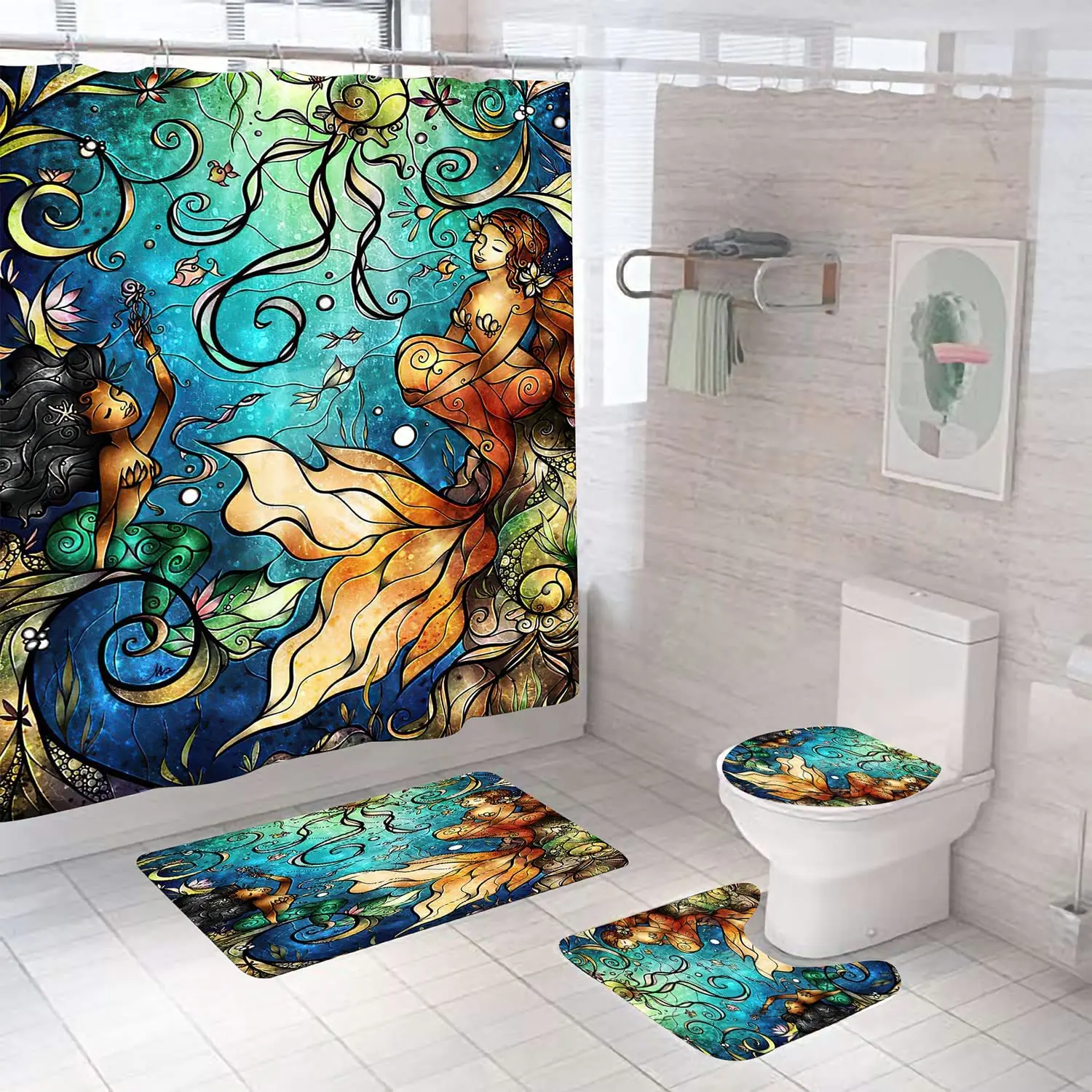 Ocean Octopus Mermaid Seaweed Shower Curtain Set Includes Extra Floor Carpet U-shaped Rug Toilet Seat Cover Bath Decoration