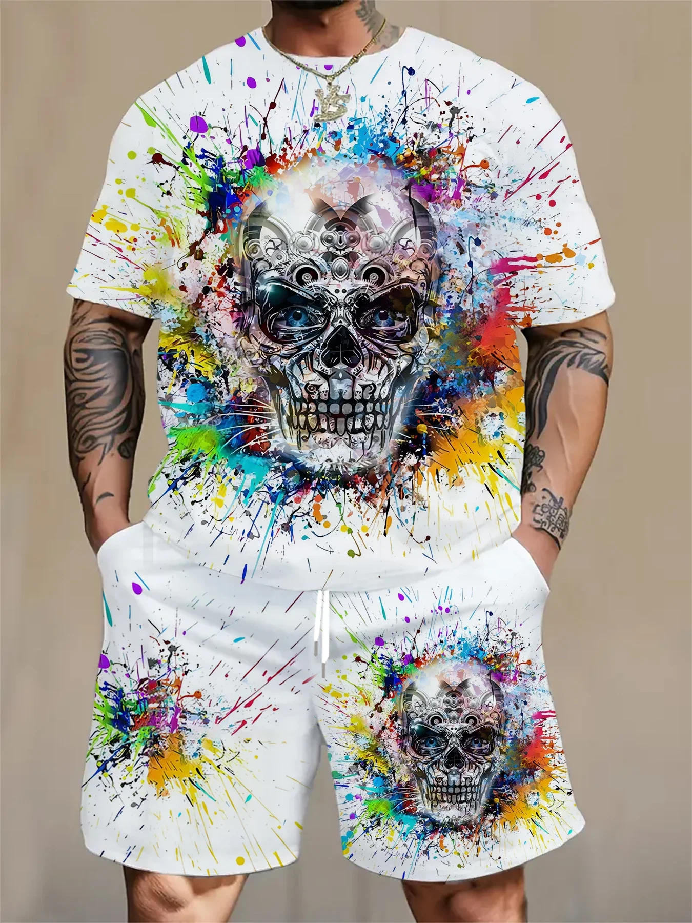 New 3D printed tiger print men's plus size sports and leisure round neck short sleeved shorts two-piece set for summer 2025