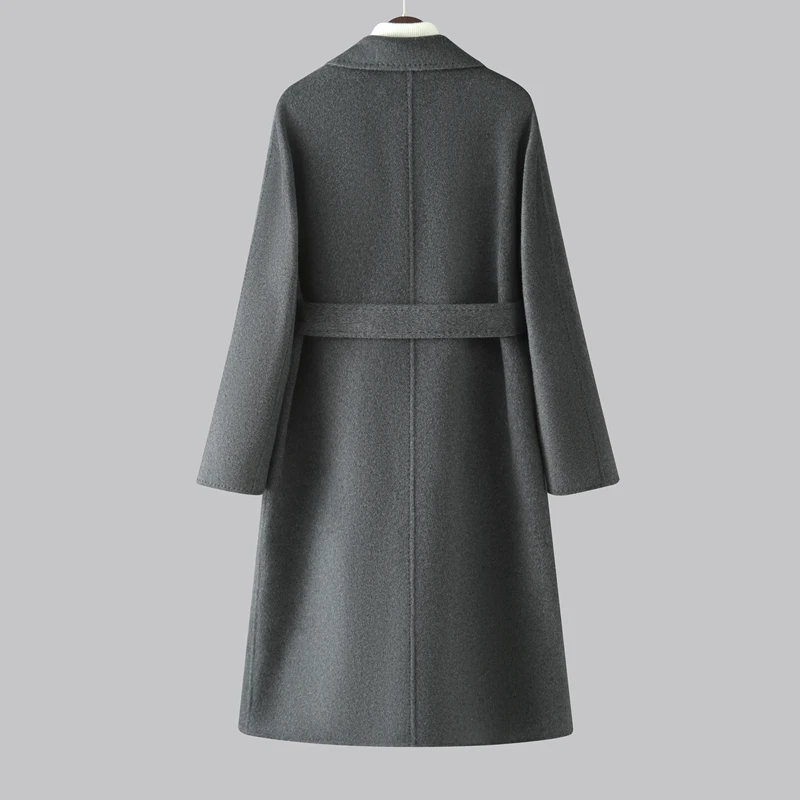 Women's 100% cashmere coat casual solid color lapel coat long double-sided woolen coat double-breasted belt pocket