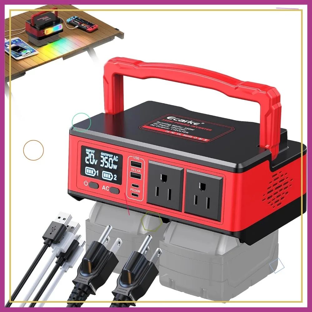 

350W Portable Power Inverter with 2 AC Outlets, 4 USB Ports, and RGB LED Light for Outdoor Use