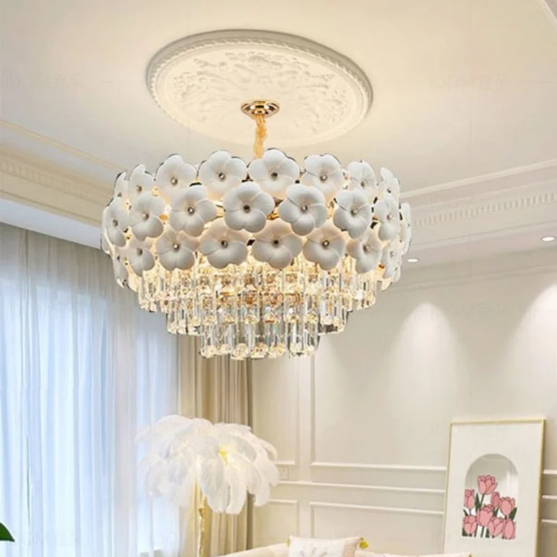 

French style luxury living room hall pendant light 2025 new ceramic flower creative bedroom pendant light