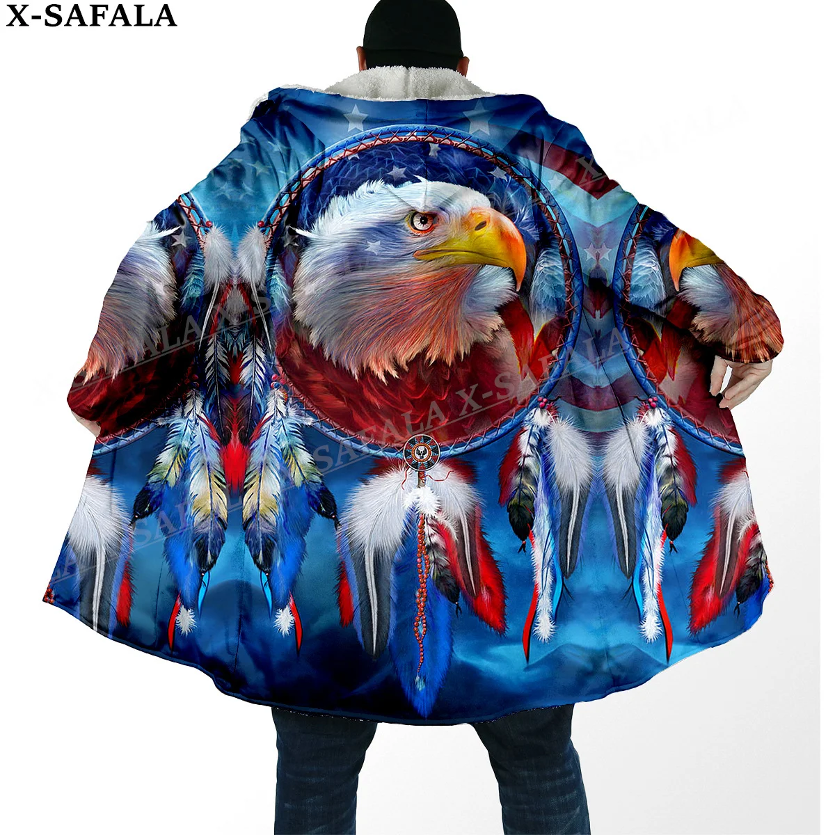 

Native Feather Eagle Dream Catcher Print Thick Warm Hooded Cloak Men Overcoat Coat Windproof Fleece Cape Robe Hooded Blanket-1