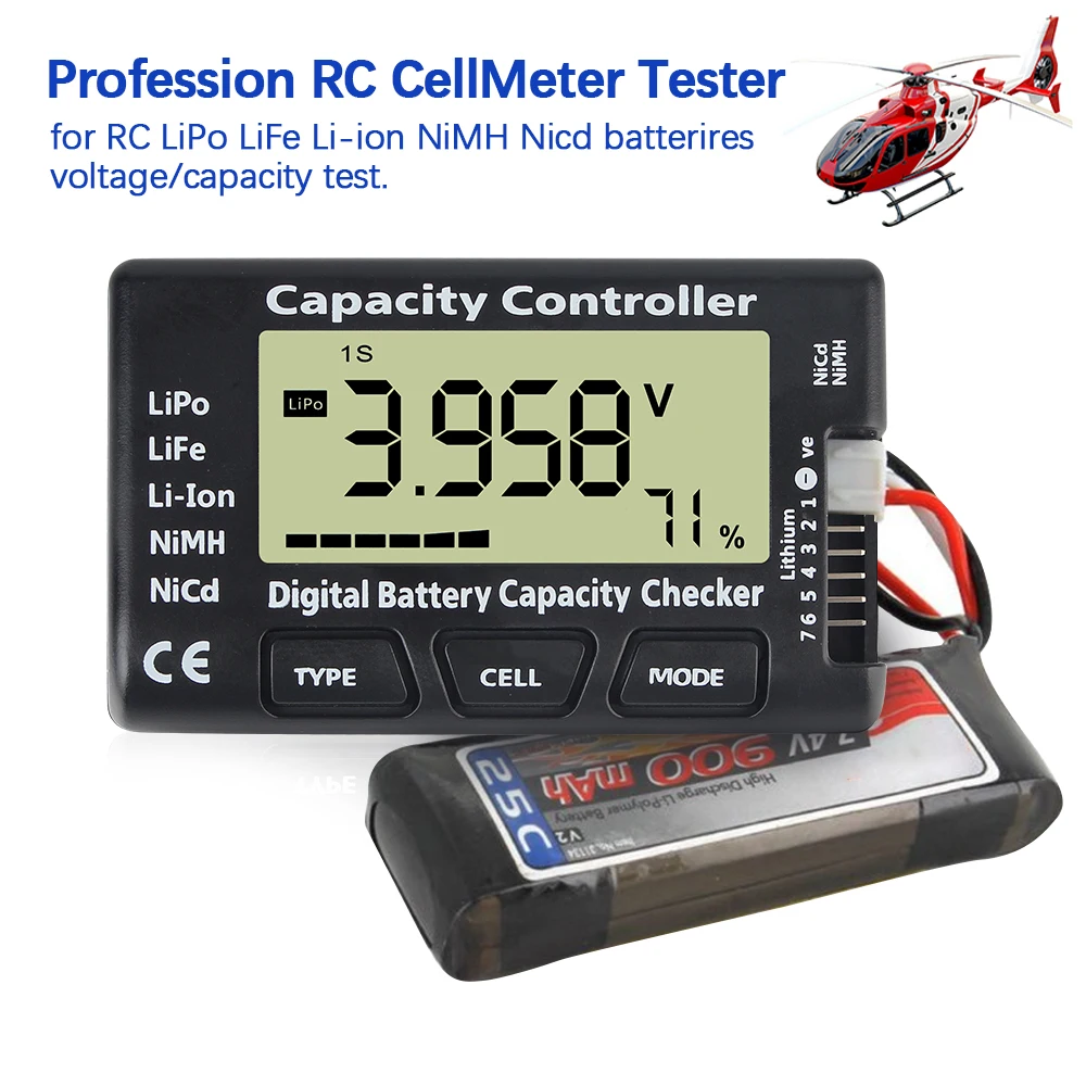 For Li-ion LiFe Nimh Nicd Lipo Batteries Battery Voltage Capacity Checker RC Cars Boats Power Battery Tester 1-7S CellMeter 7