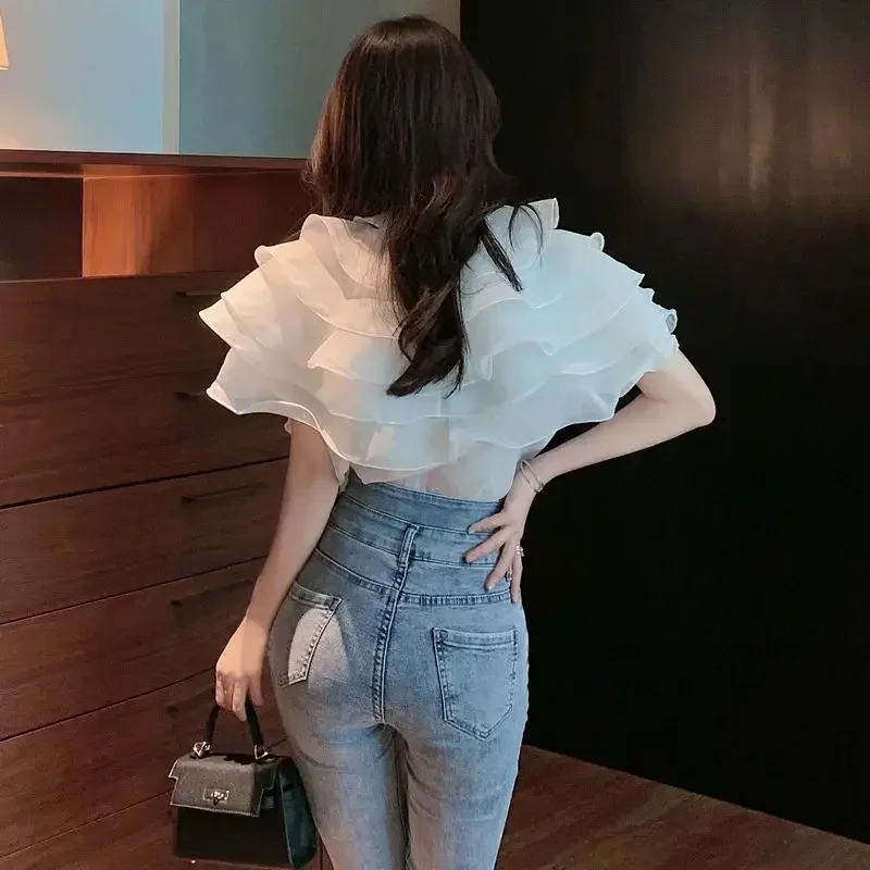 Gagarich Women Elegant Blouse Fashion Summer New French Temperament Fairy Court Style Ruffled Mesh Shirt Top Clothing