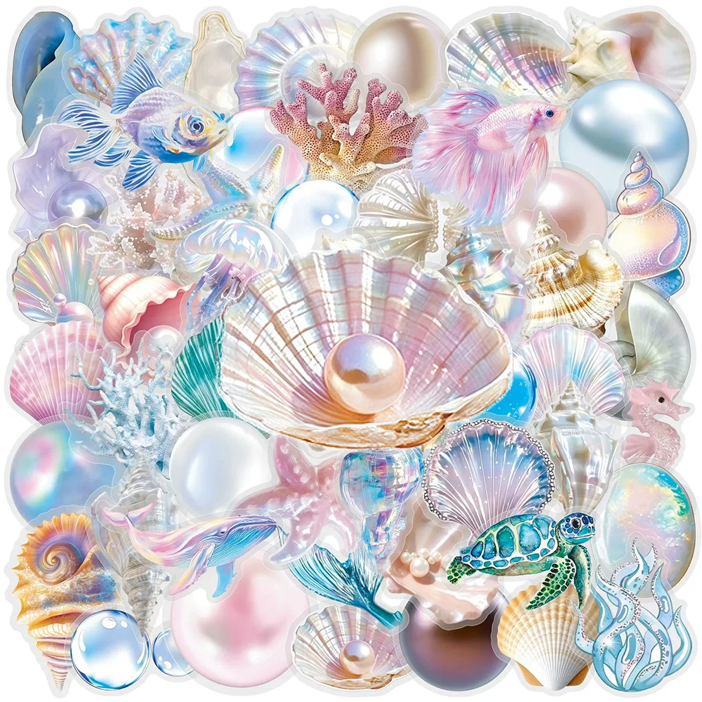 

10/30/50pcs Transparent Colorful Pearl Shell Stickers Marine Life Cartoon Sticker Water Bottle Phone Notebook Decals Decoration