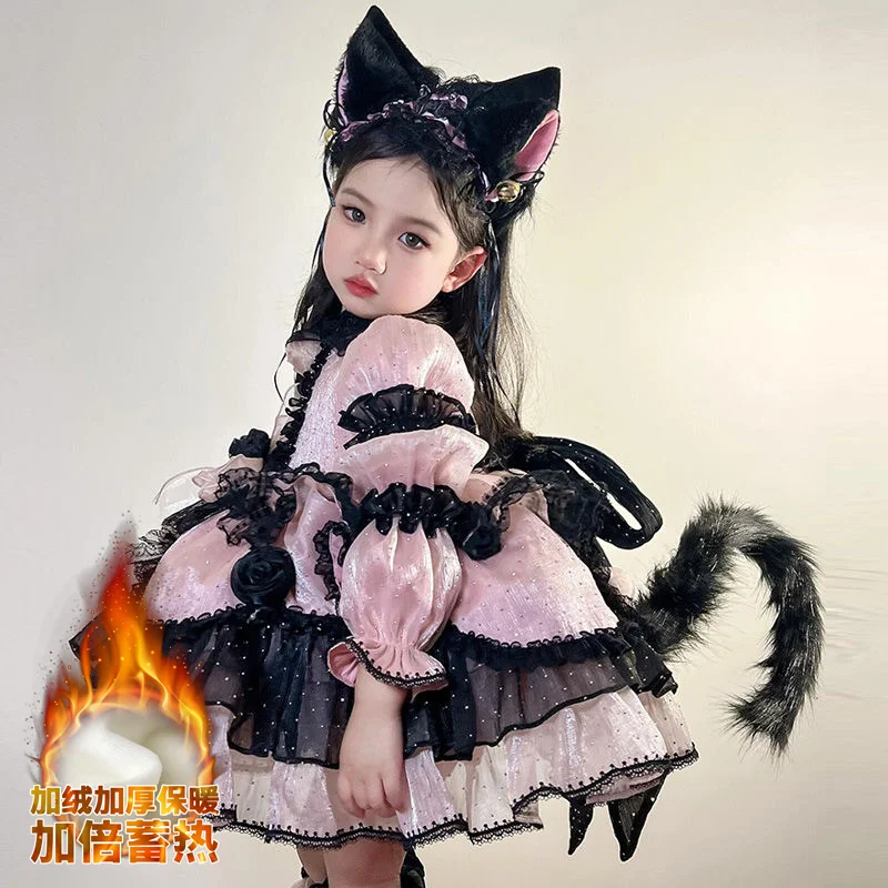 Winter Autumn Girls Spanish Lolita Princess Lace Pink Ball Gown Sweet Cute Cat Birthday Kids  Party Easter Eid Mesh Dresses