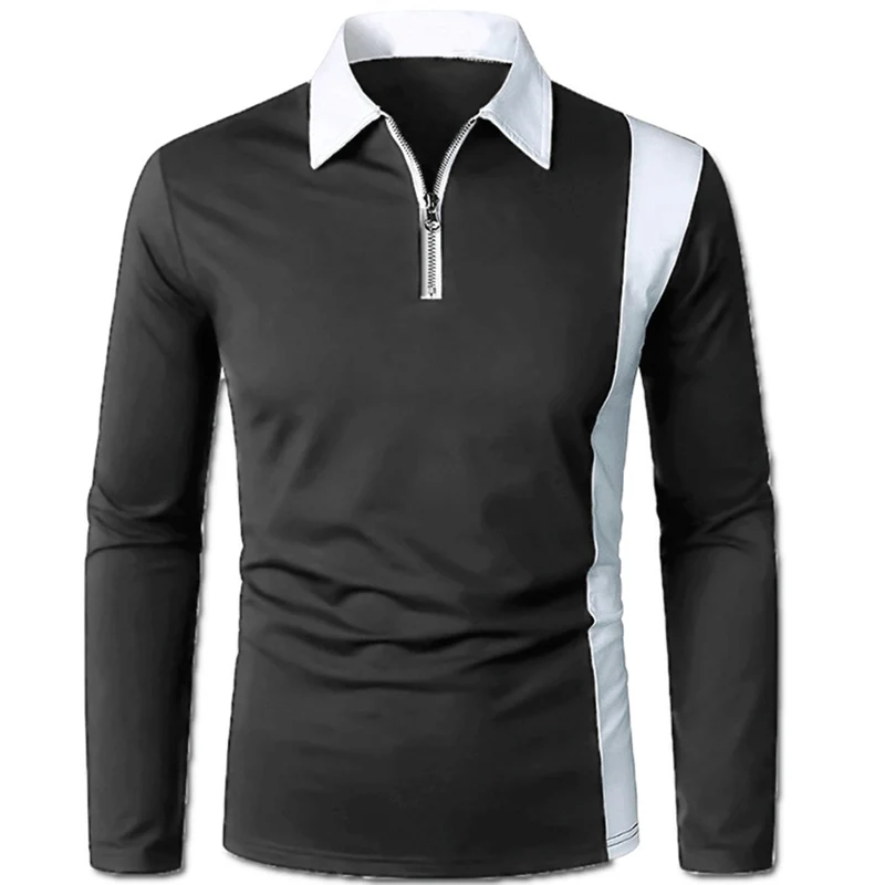 Men's Colour Blocking Lapel Zipper Splicing Polo Shirt Autumn New Long Sleeve Pullover Blouse Male Youth Daily Casual Loose Tops