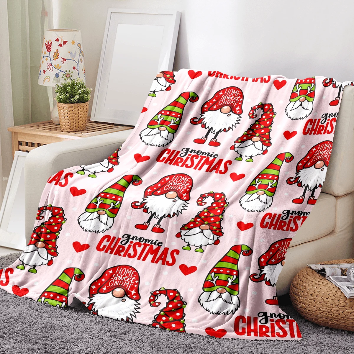 Christmas Gnome Pink Fleece Blankets Cartoon Cute Soft Flannel Cozy Blanket for Adults,Washable Lightweight Fuzzy Blanket Gift